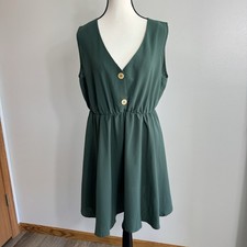 Anna-Kaci Elegant Green Sleeveless Mini Dress Button Detail Cinched Waist Sz L