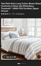 Twin/XL Cotton Woven Stripe Comforter And Sham Set. Blue/white