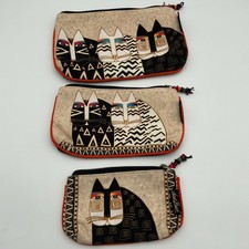 Laurel Burch Cat Zipper Pouch Lot 3 Cosmetic Bags Canvas Colorful Artistic
