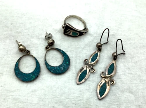 2 Pair Vintage Sterling Silver Turquoise Chip Inlay Earrings - 1 Ring *SEE NOTE