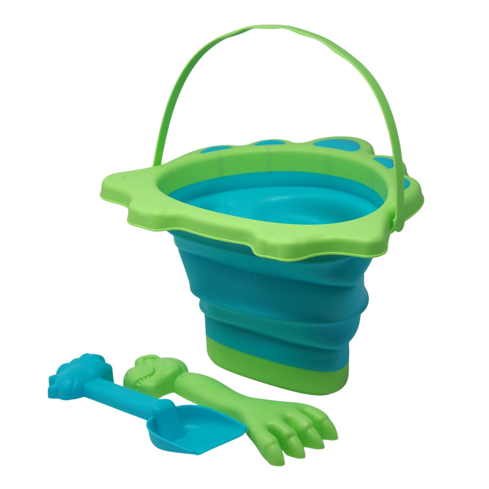 Collapsible Beach Bucket and Spade Set - Foldable Green Dinosaur Design