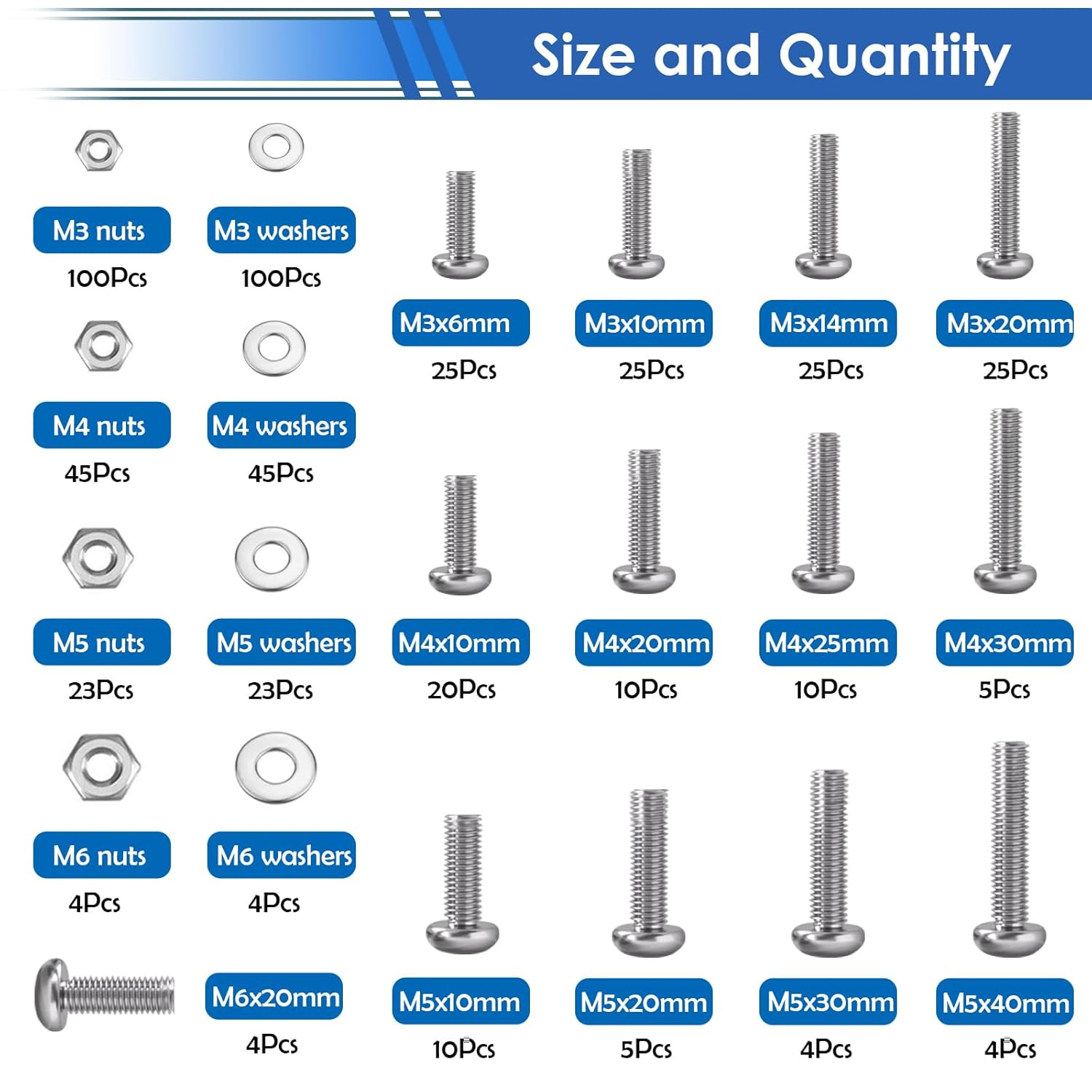 516Pcs Nuts and Bolts Assortment Kit 21-Sizes M3/M4/M5/M6 Nut Bolt Washer Assort