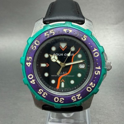 Seiko ALBA Aqua Gear Dive Watch 37mm Black&Green Dial Silver Tone Date New batt