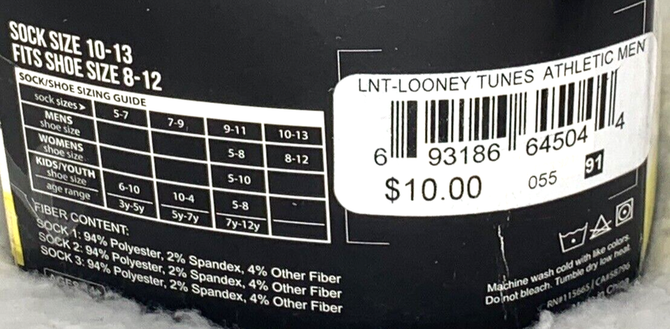 Support Stocking Helper Looney Tunes Men's Crew Socks SZ 8-12 3-Pk Athletics Cushioned Arch ...