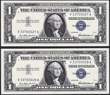 USPC TWO (X2) FR 1619 $1 1957 SILVER CERTIFICATES, UNC (GEM) WITH SEQ SERIAL#'s