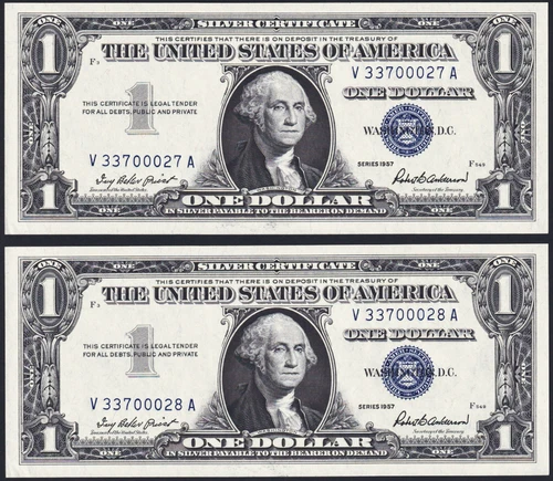 USPC TWO FR 1619 $1 1957 SILVER CERTIFICATES, UNC (GEM) WITH SEQ SERIAL#'s - Picture 2 of 6