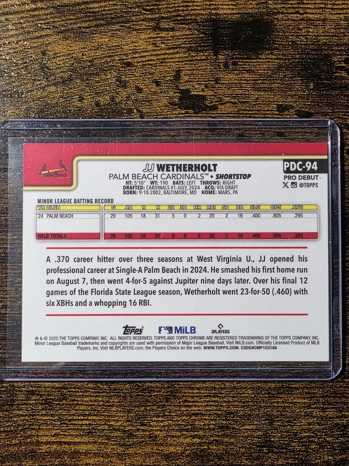 JJ Wetherholt 2025 Topps Pro Debut /50 Gold Mini Diamond #PD-94 - Image 3 of 3