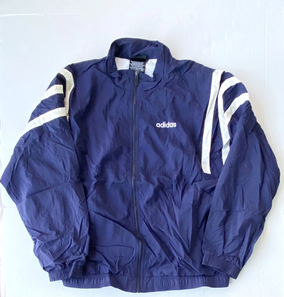 Men s VTG 90 s adidas Spell Out Logo Navy Blue White Windbreaker