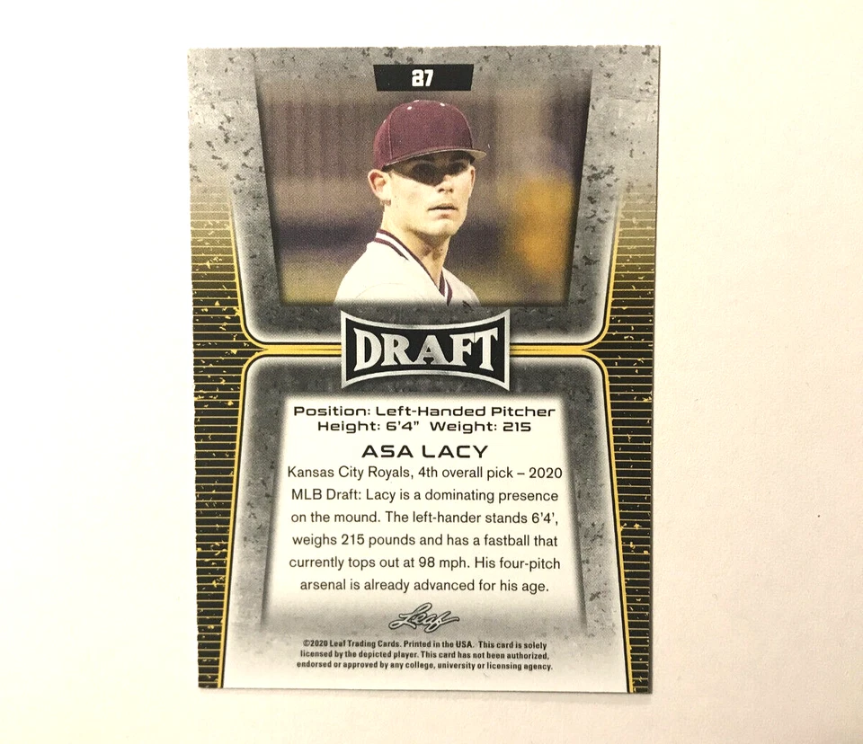 ASA LACY 2020 Leaf Draft Rookie card #27 Kansas City Royals Future Staff Ace - Image 2 of 2