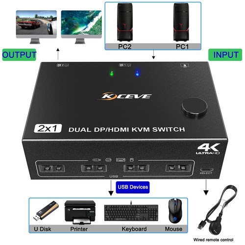 4 Port HDMI USB KVM Switch 2X2 4K@60Hz Switcher Dual Monitor 2 Computer ...