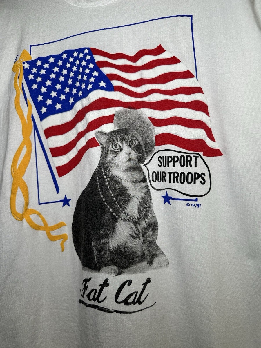 Vintage 90s Support Our Troops American Flag Fat Cat White T-shirt