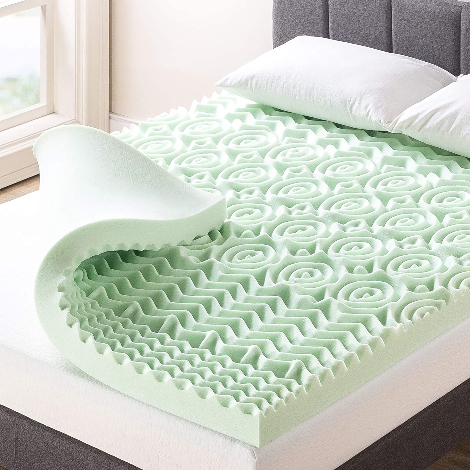 4 Inch 5-Zone Memory Foam Mattress Topper, Calming Green Tea Infusion, Twin