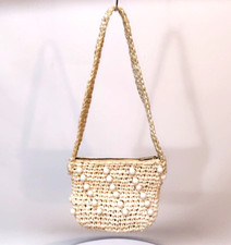 Vtg Crochet Knitted Purse w/ Faux Pearls Beads Shoulder Bag Zipper