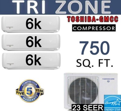1.5 TON Tri Zone Ductless Mini Split Air Conditioner / Heater: 6000 x 3  BTU