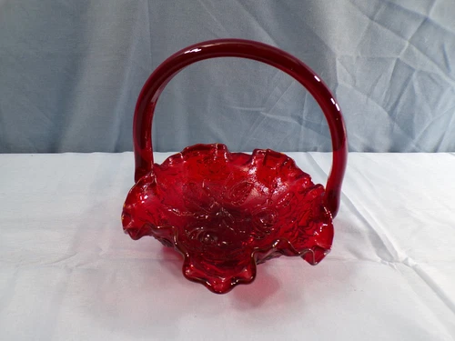 Fenton Ruby Red Glass Basket w/ Raised Embossed Roses Design