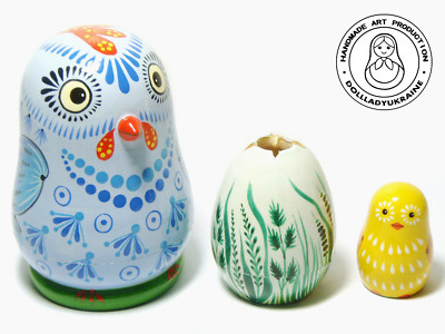 Nesting Doll Chicken With Egg, Matryoshka Doll 3pcs 9 cm/3,5'', Easter Kids Gift