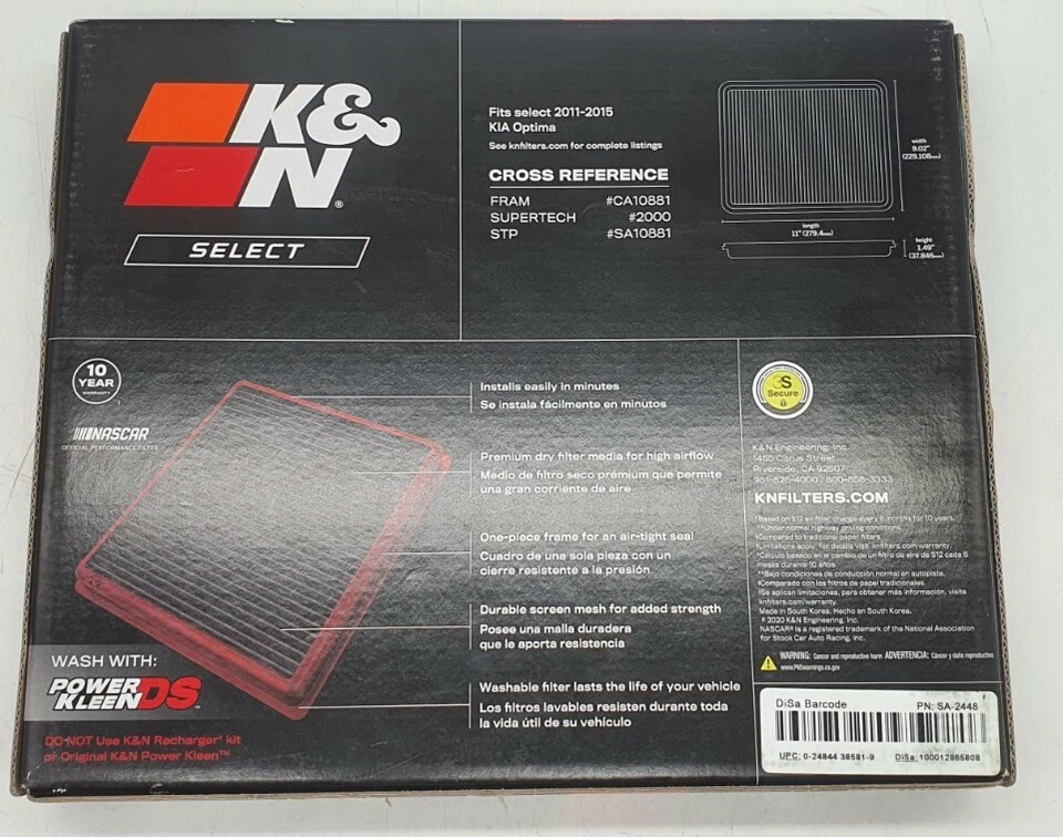 Filtro de aire de motor de rendimiento lavable K&N SA-2448 para Kia Optima 2011-2015 Foto 3 de 3