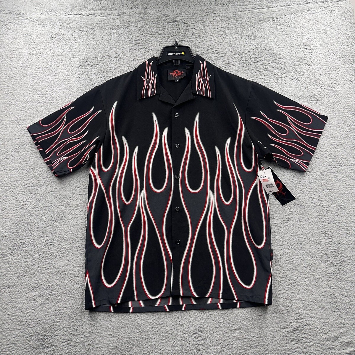 Vintage Y2K D Clothing Red Flame Design Button Up Tee Men