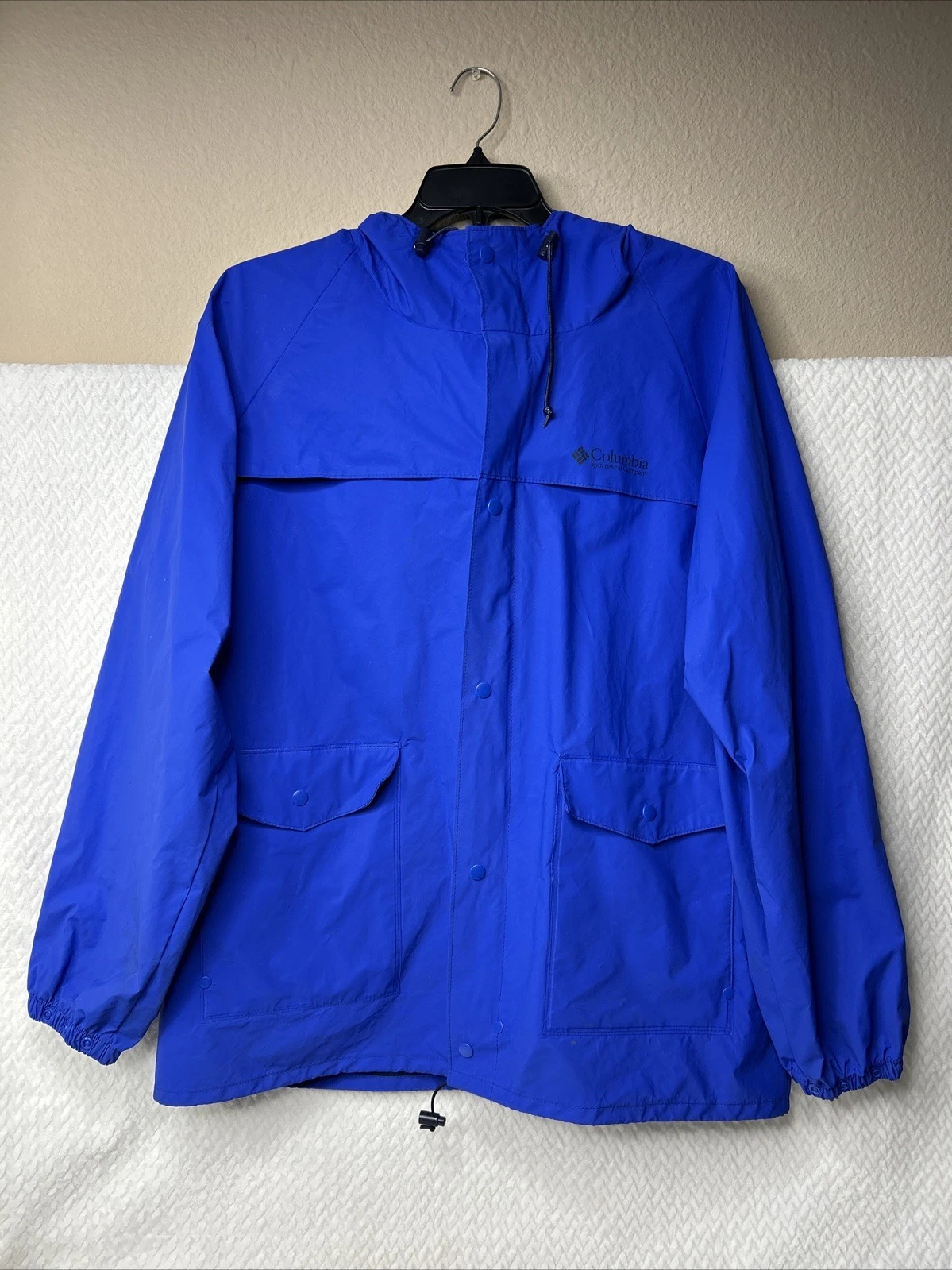 Columbia Rain Jacket Royal Blue Hood Visor Zip Snaps Drawcord Hem Size XL