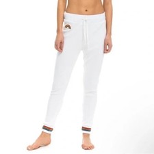 Aviator Nation White Waffle Knit Joggers with Rainbow Embroidery