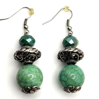 Turquoise Color Dyed Stone with Glass Beads and Silvertone Dangle Drop Earrings