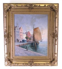 Antique Dockside Sail Boat Town Waterscape Oil Painting Signed R. Van Son