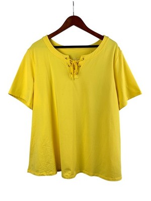 D&Co Womens Yellow Lace-Up Top Size 2X Cotton/Spandex Short Sleeve Casual Wear