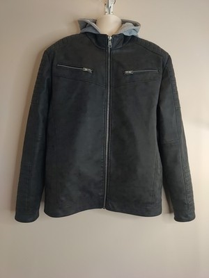 jean pascale Men Charcoal Black Grey Faux Leather Lined Jacket Size 2XL