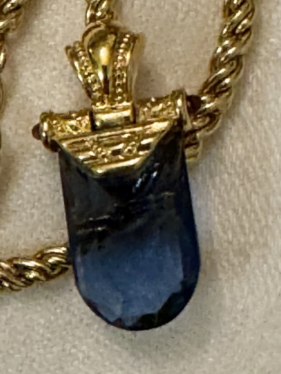 Signed Pilar Crespi Gold Tone Faceted Sapphire Crystal Y Necklace 18” Stunning View 2