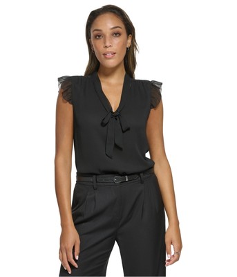 Calvin Klein Womens Sheer Ruffled Blouse, Black, Small
