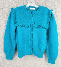 VTG 80's Chunky Ruffle Hand Knitted Cardigan Sweater Women Cozy Cottage Blue