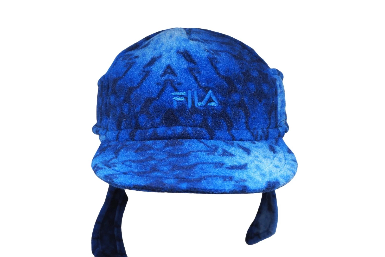 Vintage FILA Ski Cap 90s winter fleece hat blue abstract pattern Size S