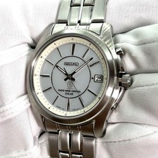 SEIKO 7B22-HAB0 Radio Solar Date White Dial Silver Band Watch 41.6mm Case 16cm W