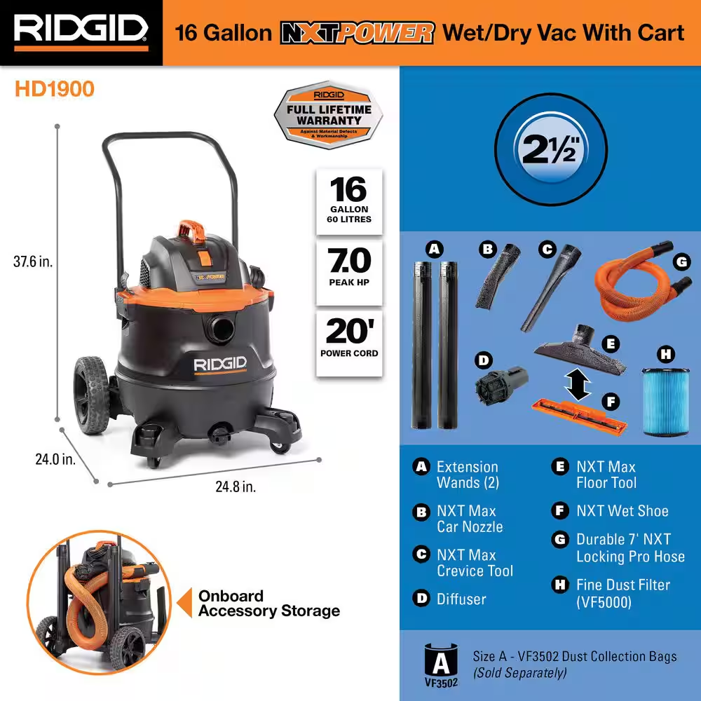 16 Gal. 7.0 Peak HP NXT Power Shop Vacuum HD1900 Wet Dry Vac with