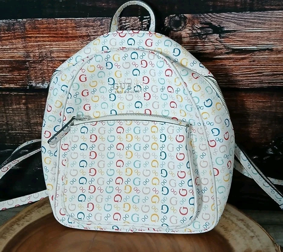 Bolso Guess Blanco Arco Iris Logo Mini Mochila Multi Bolsillos Correas Ajustables NUEVO Foto 3 de 4