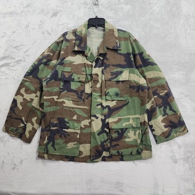 Vintage Camo Jacket Mens L LONG Green Military Army Field Canvas BDU Woodland