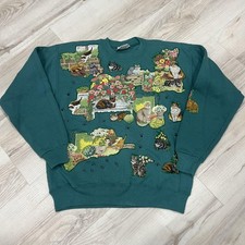 Vintage Lee Sweatshirt Womens M Green Cats Floral Garden Graphic USA 90s