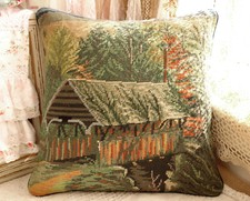 16" Vivid Village Farm House  Forests Fresh Green Needlepoint Pillow Cushion