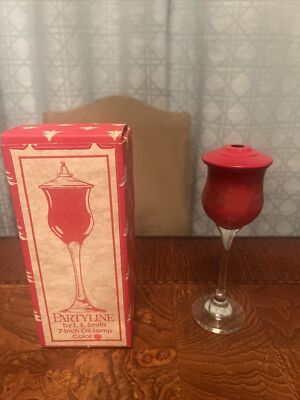 Vintage L.E. Smith Partyline 7 Inch Red Oil Lamp Tulip Glass W Wick New In Box