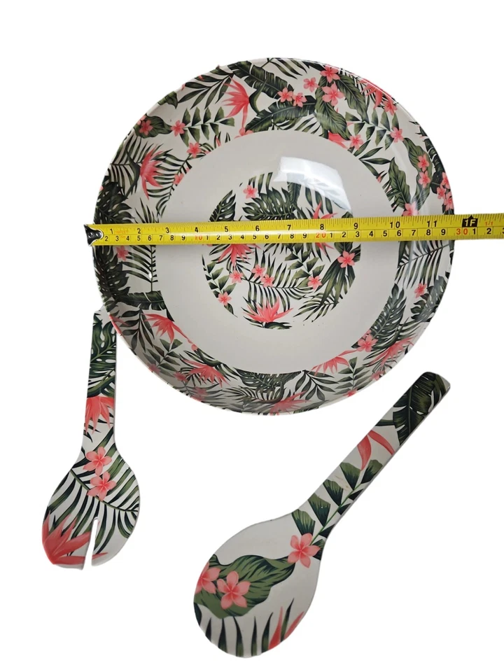 Juego de ensaladera y utensilios de melamina Tropical Palm Frond ~ melocotones y verduras ~ NUEVO EN CAJA Foto 3 de 3
