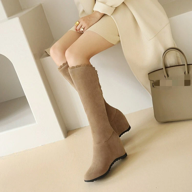 Womens Hidden Wedge Heels Calf Knee High Boots Casual Pull On Riding Boots Shoes