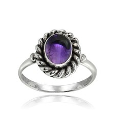 Oval Simulated Cabochon Amethyst Oxidized Twist Braid Ring in 925 Silver, Size 7