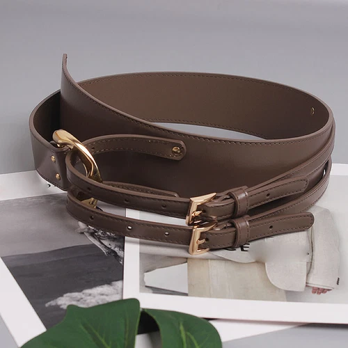 Cinturón corsé de cuero de vaca para mujer con hebilla de doble punta cintura ancha decorativo - Imagen 9 de 27