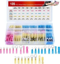 135PCS Insulated Heat Shrink Wire Connectors Electrical Ring Lug Terminals Kit