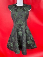 Alexander McQueen Brocade Black Green Cocktail Fit Flare Mini Dress Sz 38 US XS