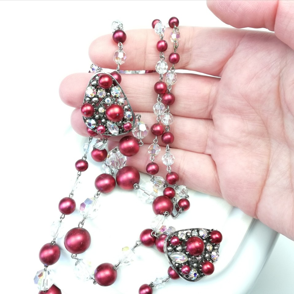 Vintage Glass Bead Necklace 3 Strand Swag Evening Jewellery Red Stones