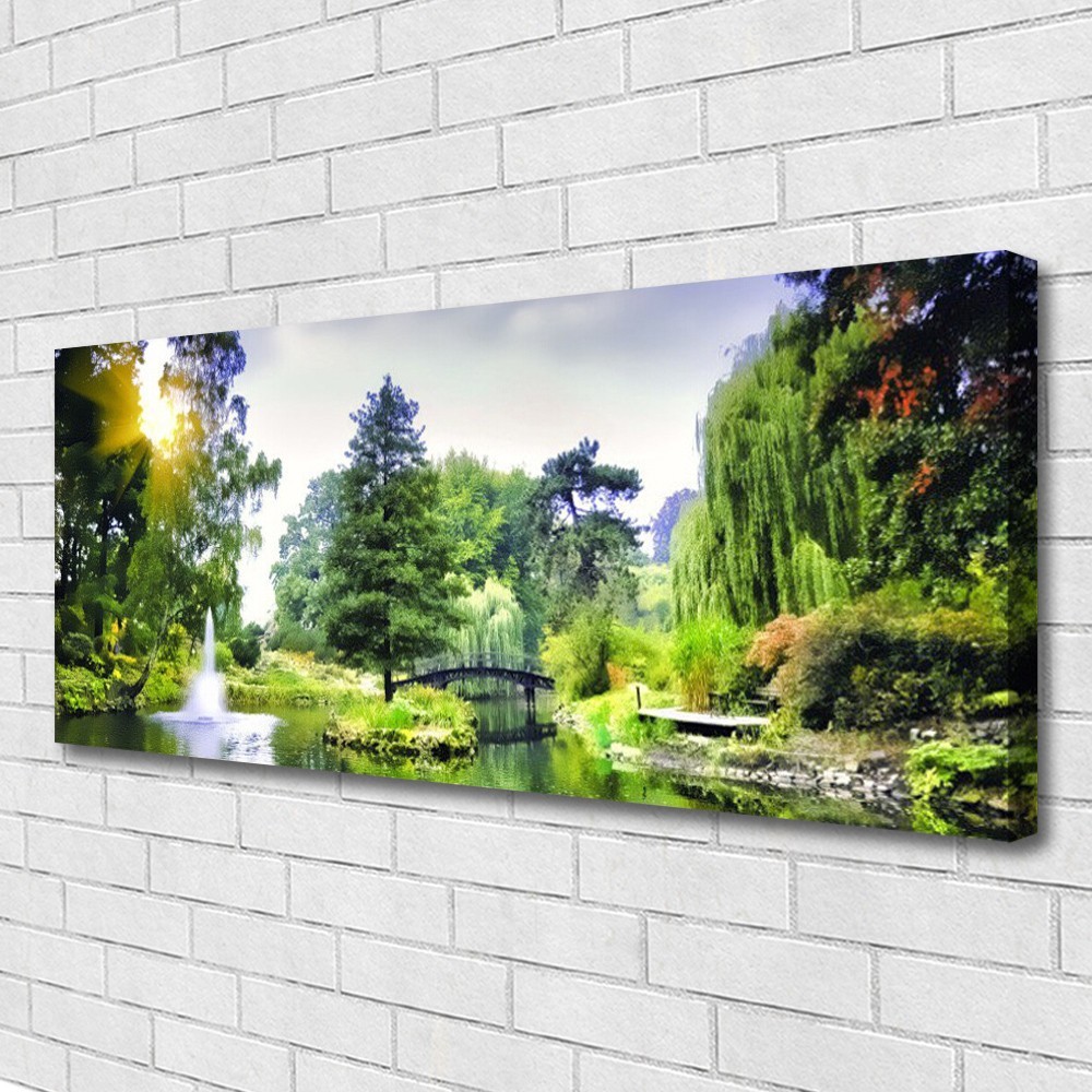 Impression sur toile forêt 125x50 haut de gamme, tableau cascade et soleil haute définition