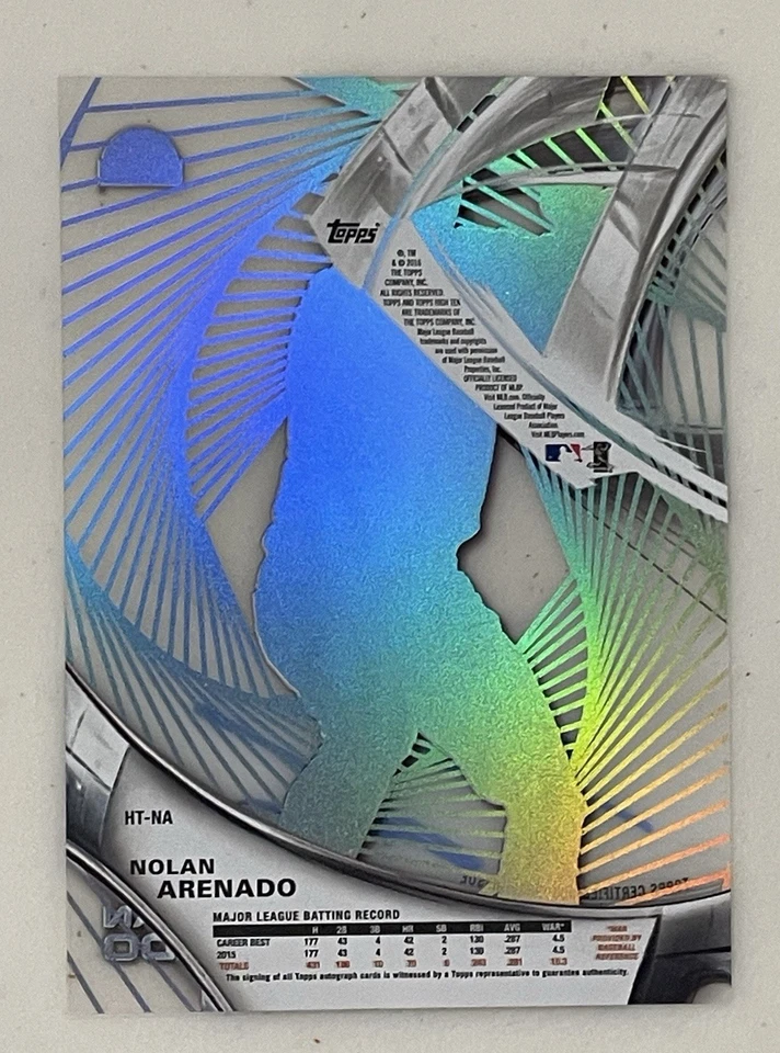 Tarjeta firmada autografiada Topps High Tek Nolan Areando 2016 certificada por los Rockies  Foto 2 de 2