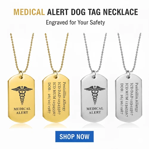 Stainless Steel Medical Alert ID Pendant Necklace Dog Tag Personalized Engraving