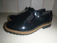 Image of Clarks Somerset Griffin Town Black Patent Leather T-bar Flat Size 4E Wide NEW